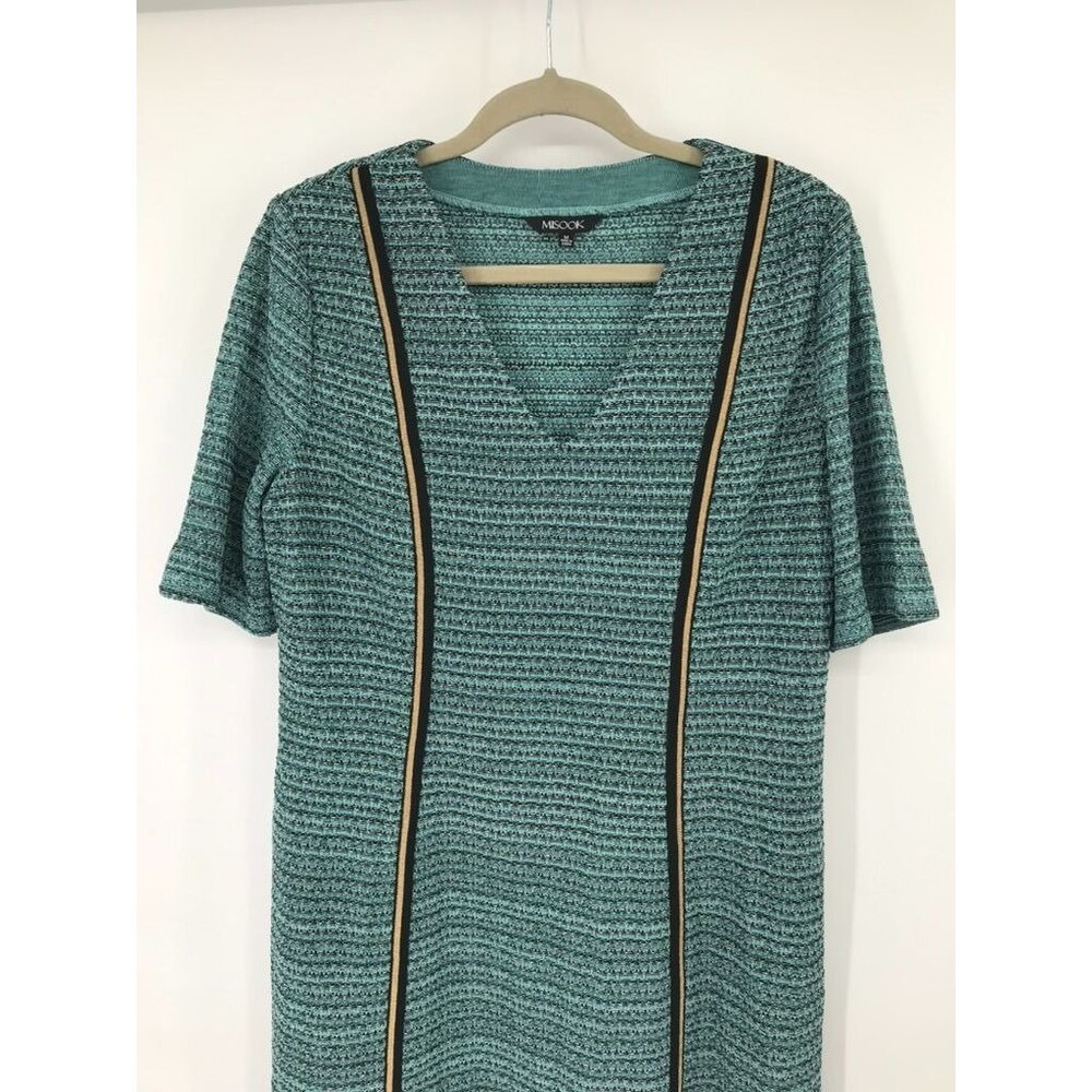 Misook Womens Green Knit Short Sleeve V-Neck Dress size medium Gold embellished - Picture 4 of 15